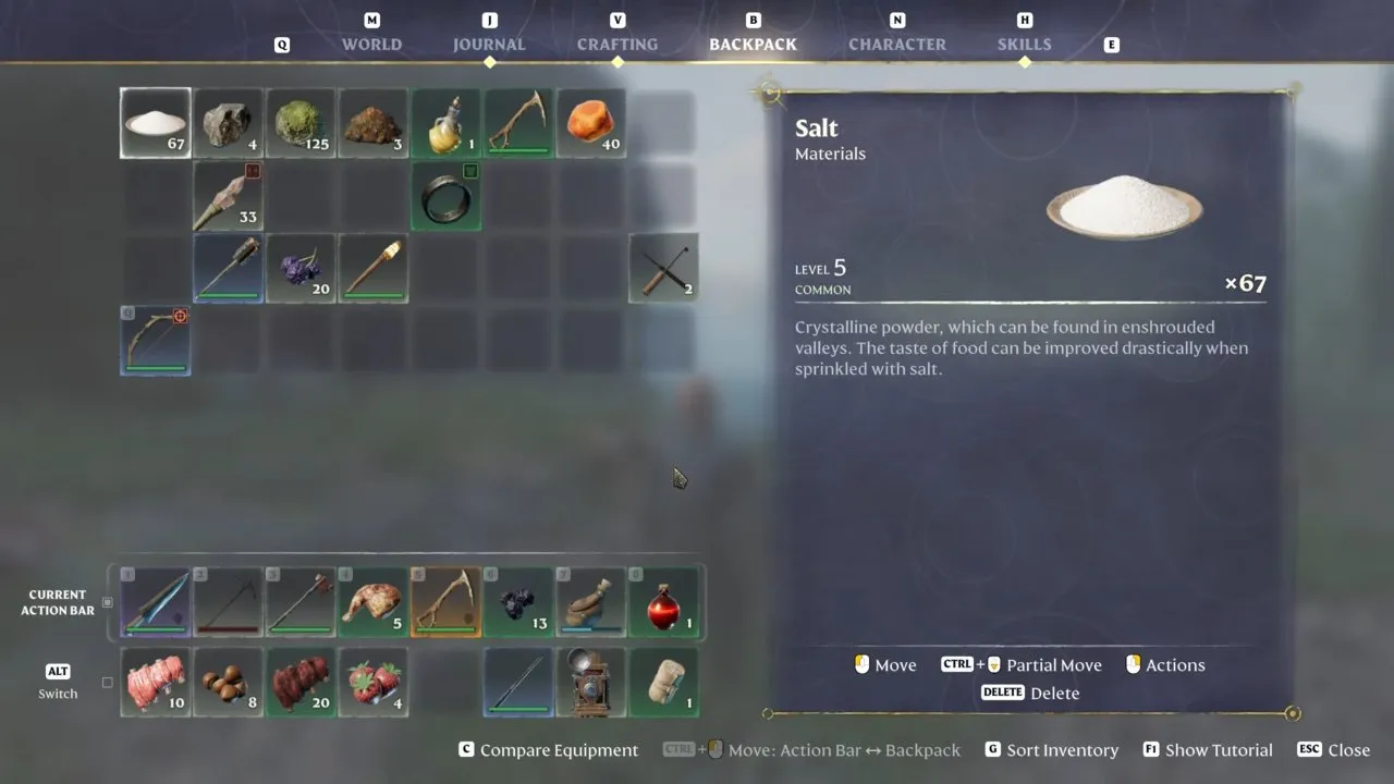 Enshrouded amber stack showing 40 in the backpack's top row
