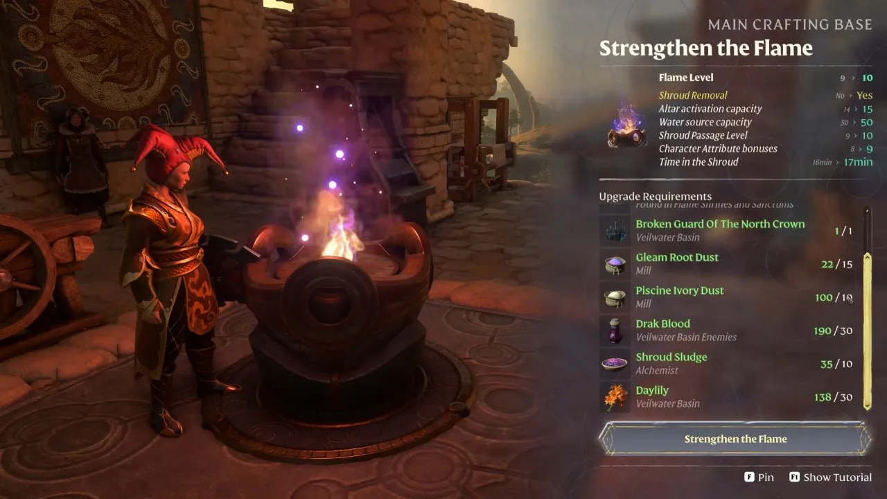 enshrouded Flame Upgrade Materials menu listing Drak Blood, Shroud Sludge and Daylily