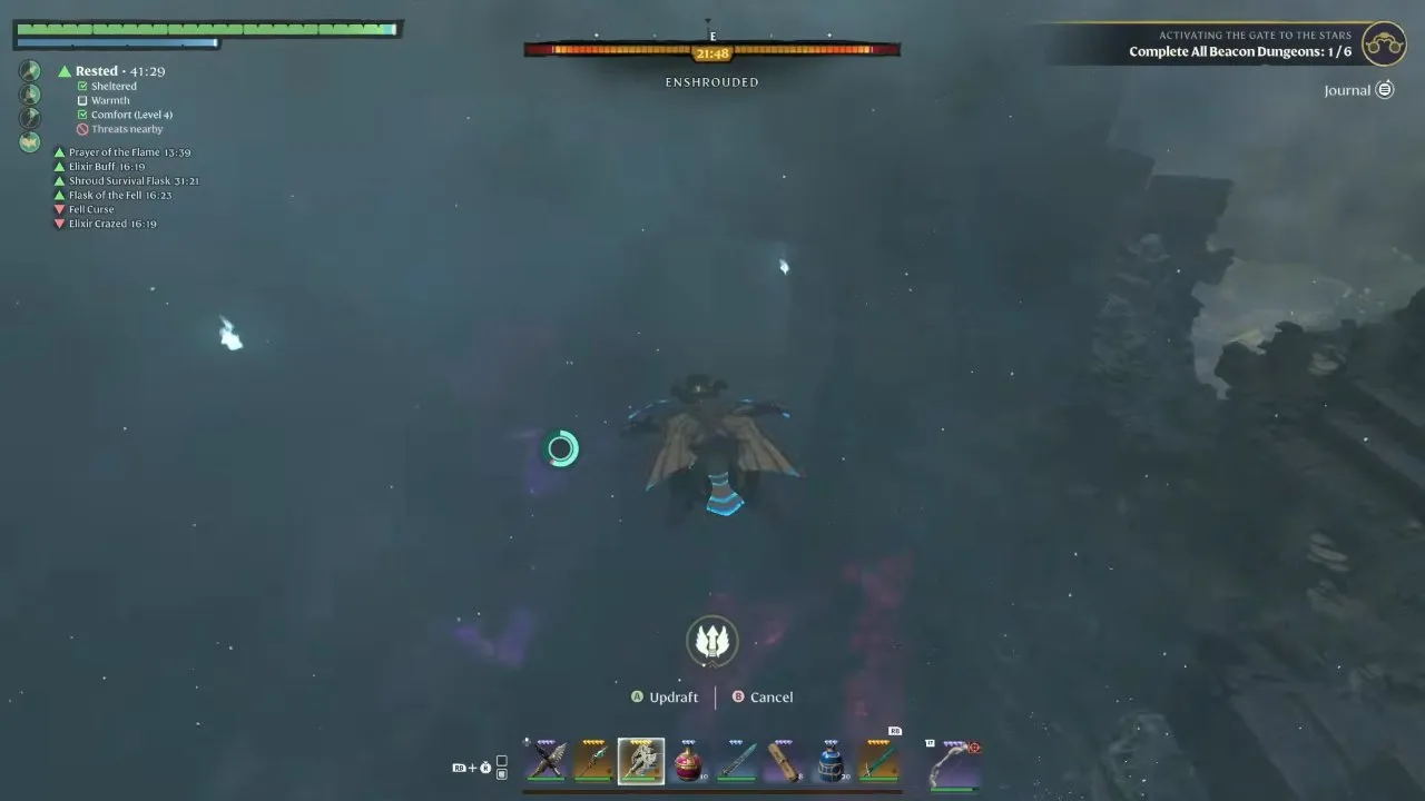 enshrouded Flame Upgrade Materials route gliding above Shroud-covered ruined walls