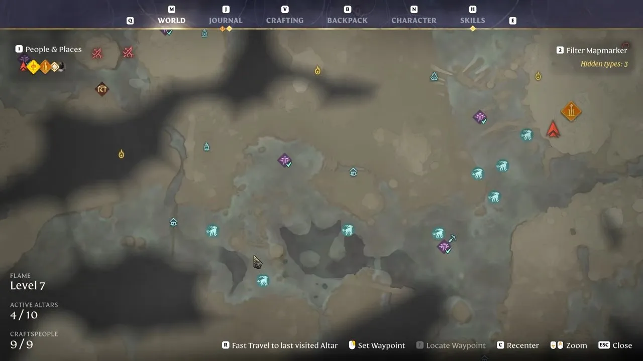 Enshrouded Vulture Talon route map showing the wider cliff region and cursor near the southern road