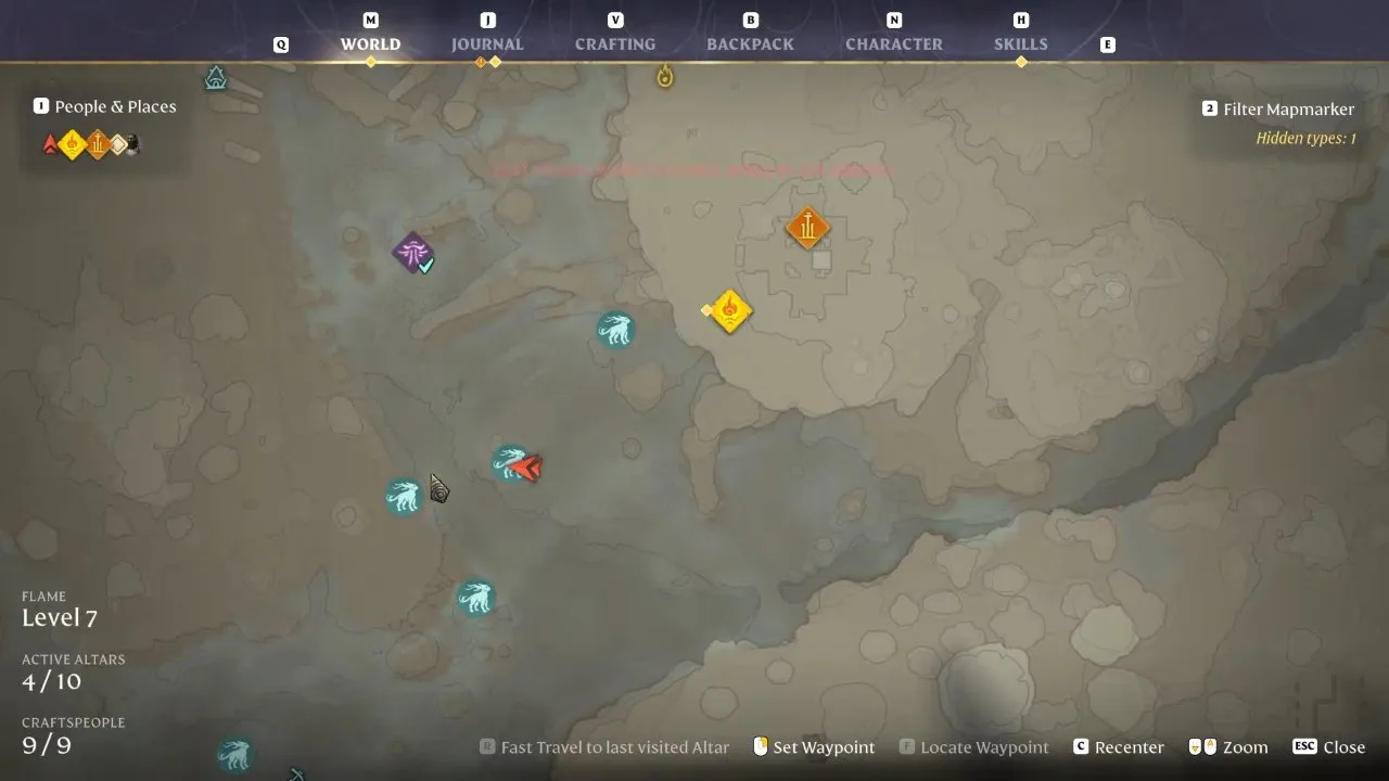 Enshrouded Vulture Talon route map showing the cursor and markers southwest of the spire