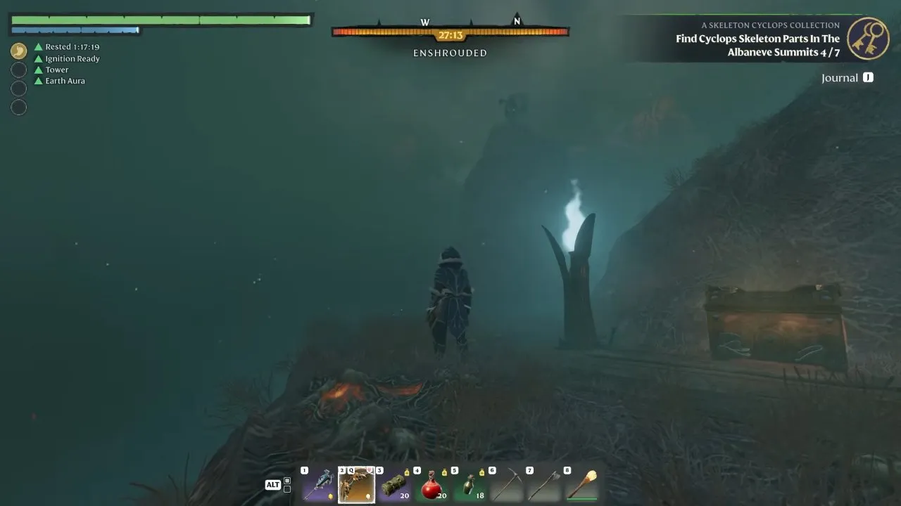 Enshrouded Vulture Talon route beside an open golden chest and glowing light in the Shroud