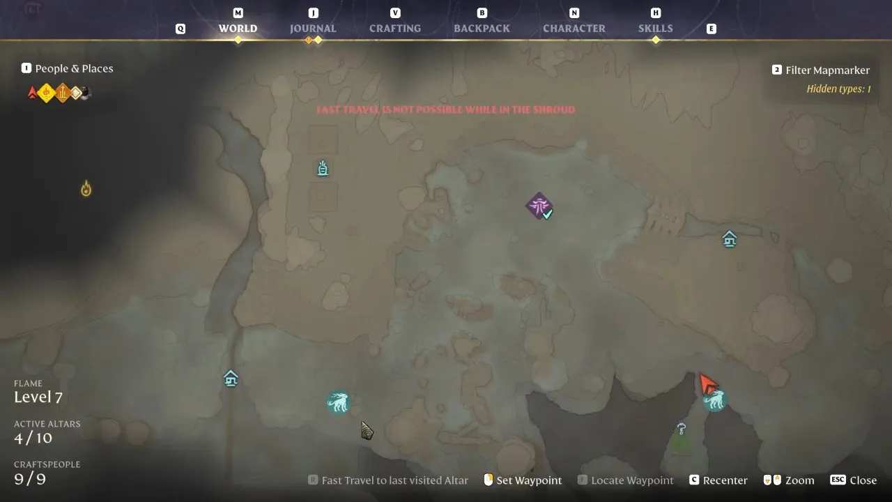Enshrouded Vulture Talon route map with a player arrow beside a cliff edge near Zephr